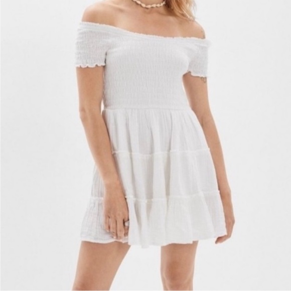 White American Eagle Sundress Small Off Shoulder Smocked Gauze Tiered Mini Dress - Picture 1 of 9